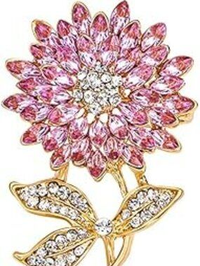 Lg Pink Crystal‎ Sunflower Brooch Rhinestone Pin Classy Fashion Statement w Gold